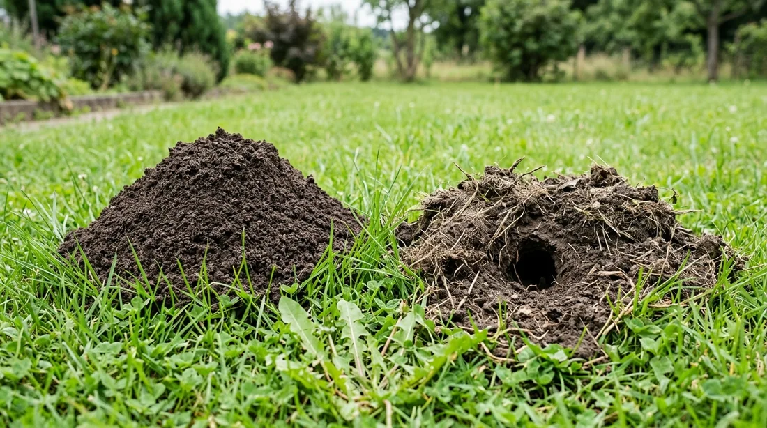 Zwei Erdhügel nebeneinander im Rasen: links ein hoher kegelförmiger Maulwurfshügel aus feiner Erde, rechts ein flacherer Wühlmaushügel mit Pflanzenresten und seitlichem Gangloch